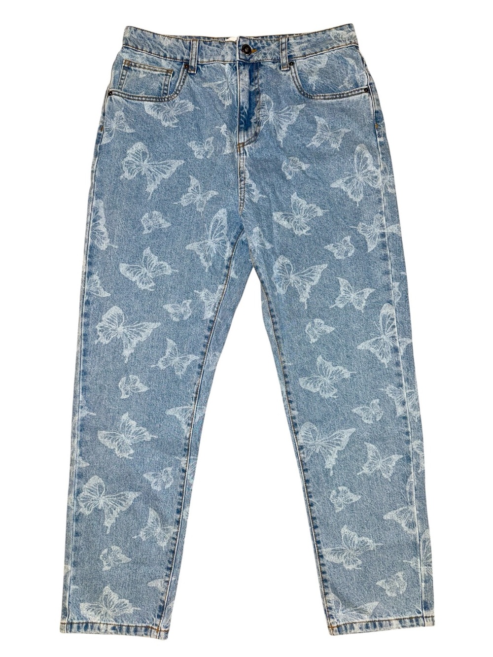 CottonOn Butterfly Print Jean High Rise Mom 8 Light Blue Faded Denim Cottage Y2K